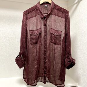 Eddie Bauer | Sheer Button Up Long Sleeve Maroon Dot Pin Stripe Blouse | Sz 2XL